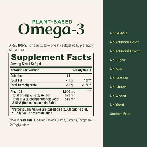 Nature's Bounty Omega 3, Plant-Based Omega 3 Fatty Acid Supplement, 520mg, Supports Whole Body Health Including Heart, Skin, Joint, 30 Vegetarian Softgels, Fish Oil Alternative (Pack of 2) - Image 5