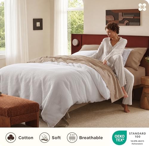 Bedsure PureWoven 3 Pieces Cotton Waffle Weave Duvet Cover, Bright White - Image 3
