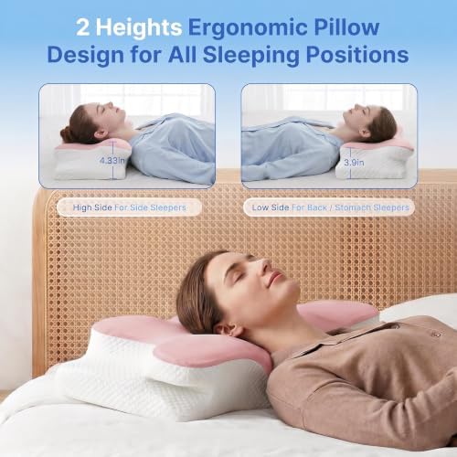 Cervical Pillow for Neck Pain Relief, Orthopedic Memory Foam Pillow with Cooling Cover, Contour Ergonomic Support for Side Back Stomach Sleepers (Pink) - Image 5