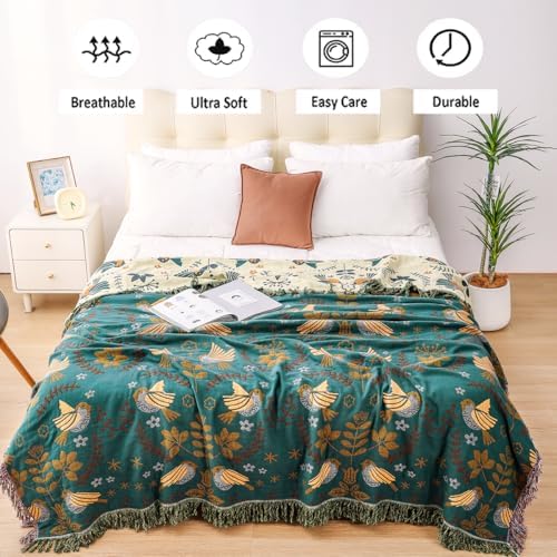 VANJOROY Boho Throw Blanket, 100% Organic Cotton Breathable Ultra Soft 91" x 108" King Bed Quilt Throw - Floral Rustic Bird Farmhouse Decor Luxury Blanket for Sofa Couch Chair and Gift,Teal/Beige - Image 3