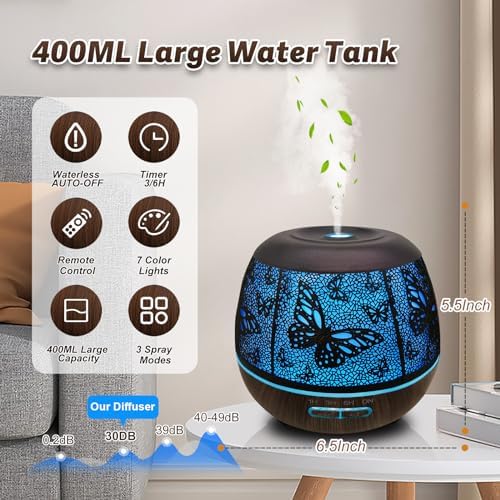Roonbo Diffusers for Essential Oils Large Room 400ml,Essential Oil Diffuser for Home with R/C,Cool Mist Humidifiers for Bedroom,7 Colors Changed & 3 Mist Mode Waterless Auto Off for Decor Butterfly - Image 5