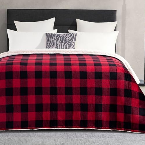 Elegant Comfort Ultra Soft Reversible Buffalo Plaid Flannel Sherpa Blanket - Cozy Silky Checkered Fleece Throw for Couch, Bed - Plush Fuzzy Warm Winter Blanket for Gift, King, Burgundy - Image 4
