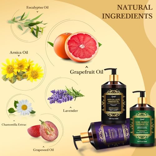 Pjordo 3 Pack Massage Oil for Massage Therapy, Lavender Oil for Relaxation, Sore Muscle Arnica Oil & Cellulite Massage Oil, with Massage Roller Ball & Thumb Saver Tool, Massage Kit for Him Her - Image 2