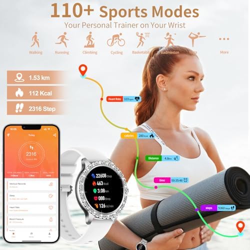 Smart Watch for Women with Diamonds (Answer/Make Call),1.32''Full Screen Smart Watch for Android /iOS,Fitness Tracker with Heart Rate/Blood Oxygen/Sleep Monitor/AI Voice Watches for Women,3 Straps - Image 6