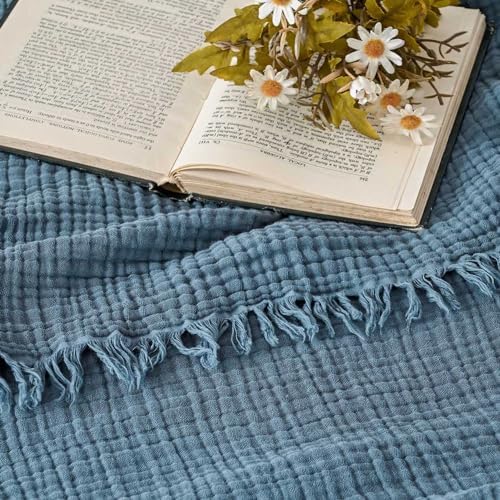 Esterra Muslin Throw Blanket 50x65 Inches Cozy Soft Lightweight Pre-Washed Cotton Blanket, All Season Breathable 4-Layer Gauze Blanket Throw for Sofa Couch Bed, Blue Mirage - Image 2