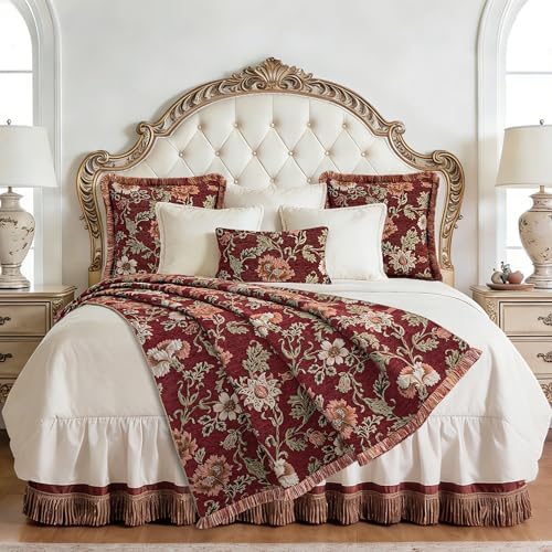 Loom and Mill Vintage Floral Throw Blankets for Bed, Rust Red, 52"x72" - Image 6
