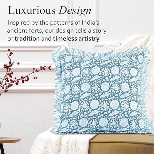 CPC Blue Meadow Hand Block Print 100% Cotton Ruffle Throw Pillow Cover 20x20 inch with Hidden Zipper Decorative for Couch, Bed, Sofa, Farmhouse, Cottagecore Decor Gift Christmas Fall Thanksgiving - Image 6