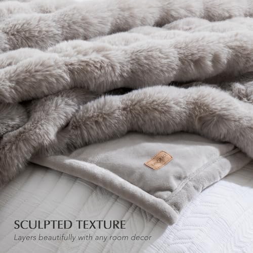 EverGrace Faux Rabbit Fur Bubble Throw Blanket, 90"x90", Taupe - Image 5