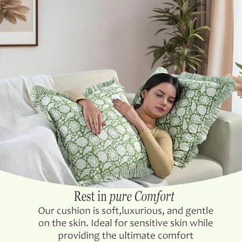 CPC Olive Bloom Hand Block Print 100% Cotton Ruffle Throw Pillow Cover 18x18 inch with Hidden Zipper Decorative for Couch, Bed, Sofa, Farmhouse, Cottagecore Decor Gift Christmas Fall Thanksgiving - Image 5