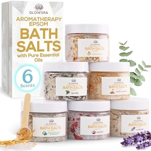 Epsom Salt Bath Soak Gift Set for Women – 6 Scent Bath Salts: Lavender, Rose, Chamomile, Eucalyptus, Coconut, Orange – Relaxing Bath Crystals, Self Care Spa Gifts for Moms by GlowSPA