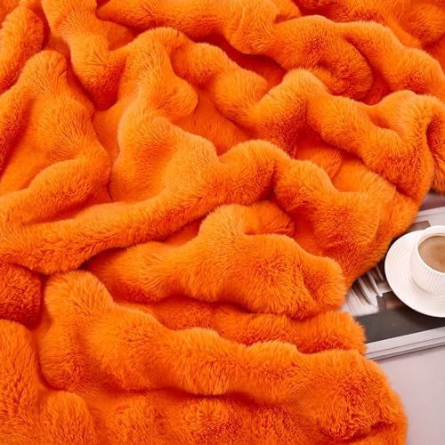 DREAMNINE Soft Faux Bubble Rabbit Fur Throw Blanket for Couch, Thick Cozy Decorative Warm Fuzzy Fur Blanket for Sofa Chair Bedroom Living Room Dorm Gift, 50 * 60 Inches, Orange - Image 3