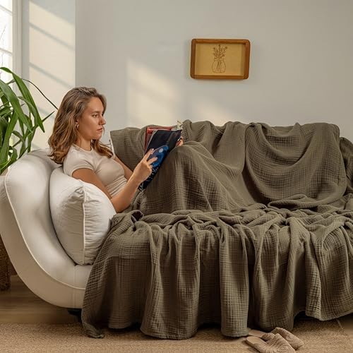 Muslin Blanket - Pure 100% Turkish Cotton Airy Soft Light Versatile Gauze Throw Blanket for Bed, Couch, Sofa (Khaki Green, Throw Size (50" x 66" inch)) - Image 2