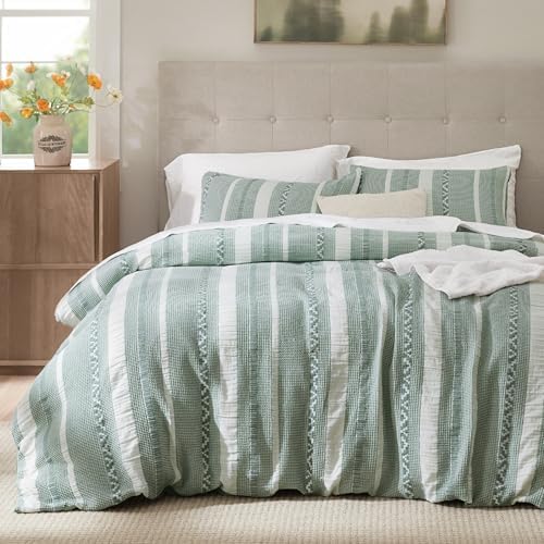 Bedsure PureWoven Boho Striped Cotton Waffle Duvet Cover Set, King, Green by Unknown