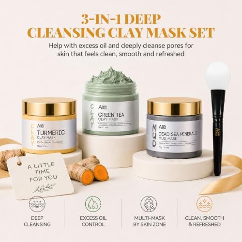 ANAI RUI 3-Pcs Face Mask Set -Turmeric, Green Tea, Dead Sea 2.5 oz Each - Image 3