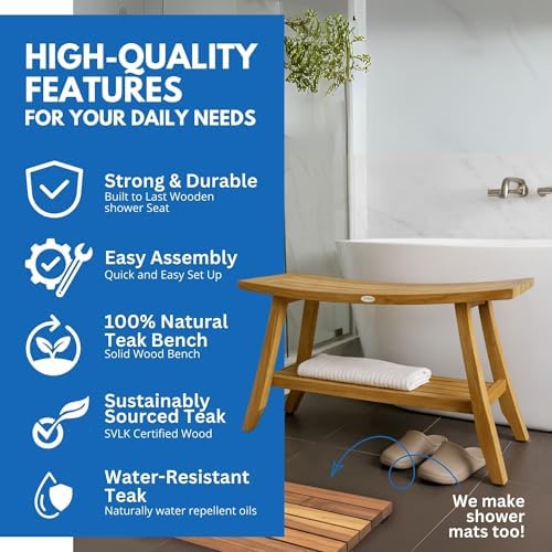 EcoDecors Satori 34-Inch Natural Teak Shower Bench, Waterproof - Image 4