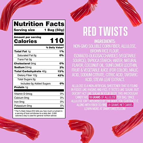 SMART Sweets RED Twists 4 Pack Healthier Version of TWIZLERS 92% Less Sugar 12 Grams of Fiber Plant Based Vegan Keto Friendly ONLY 110 Calories and 2 g Sugar - Image 4