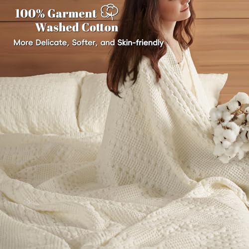 PHF Lightweight 100% Cotton Waffle Blanket for Bed, Queen, Cannoli Cream - Image 2