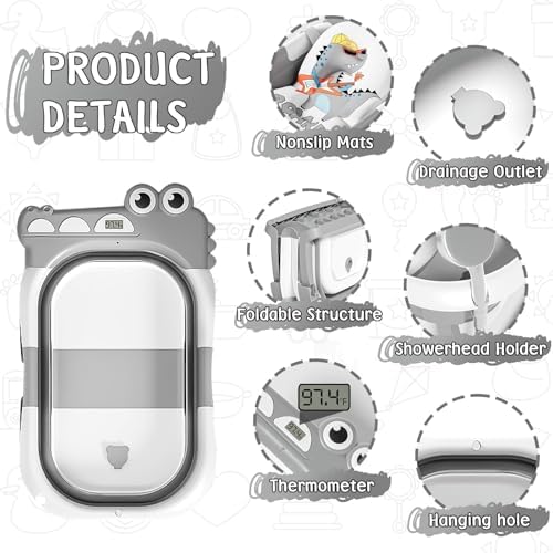 MoreFeel Collapsible Baby Bathtub for Newborn with Thermometer & 1 Hooded Towel & 1 Soft Floating Cushion,Portable Travel Bathtub with Drain Hole, Durable Foldable Baby Tubs for Infants to Toddler - Image 2