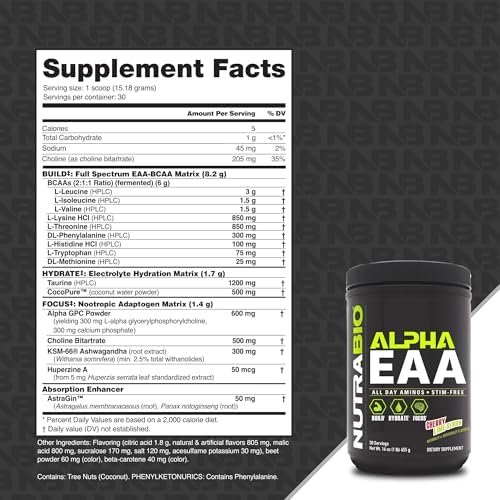 NutraBio Alpha EAA - All-Day Amino Acids for Muscle Growth and Hydration - Essential Amino Acids with Nootropics & Adaptogens- Full Spectrum EAA BCAA Powder - 30 Servings - Cherry Lime Slush - Image 2