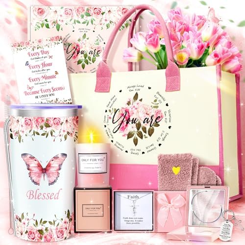 11PCS Christian Gifts for Women Faith, Inspirational Gifts for Women, Pink Birthday Spiritual Religious Basket Set,Self Care Get Well Soon Baskets for Mom,Friends,Wife,Girlfriends Valentine's Day Gift by FortuningsJDS