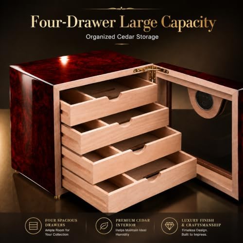 Woodronic Cigar Humidor Cabinet for 50-100 Cigars with Humidifier and Hygrometer, Spanish Cedar Lined Trays and Dividers, Rosewood Finish, Gift for Men - Image 3