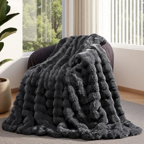 Lotus Karen Faux Fur Blanket Dark Gray Twin Size - Big Bubble Rabbit Fluff Throws for Couch Small Fluffy Fuzzy Cozy Thick Furry Plush Shaggy Blankets 60x80 Inches by LotusKaren