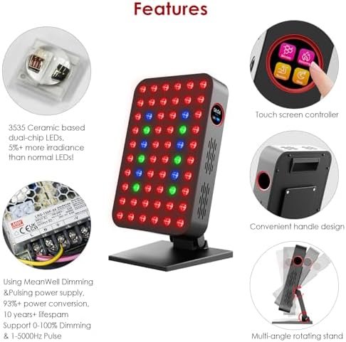 Red Light Therapy Panel 300W 60pcs Dual-Chip 4 Bands LED Light Therapy Red Infrared Blue Green 660nm 850nm 455nm 528nm, High Irradiance, Touch Screen Controller, Ideal for Body, Face, Skincare, Sleep - Image 2