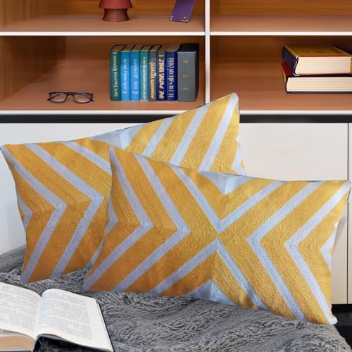 Bolster Accent Pillowcase Coko Geometric Throw Pillow Cover Lumbar Embroidered Arrow Cotton Canvas 12x20 1pc Pink and Mango Yellow/Orange 2 Tones, Chevron 30x50cm - Image 4