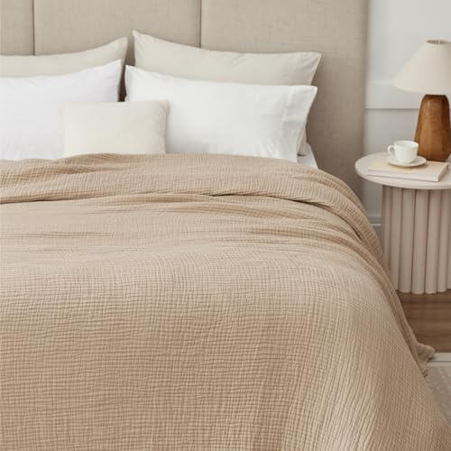 100% Cotton Muslin Blanket Queen 90" x 90", 6 Layers Breathable and Lightweight Cotton Throw Blanket for Bed, Soft Quilt Bedspread Coverlet, Gauze Blanket for Adults All Season, Beige Linen, Oatmeal - Image 3