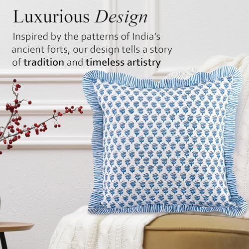 CPC Block Print Ruffle Throw Cover Apatite Blue 18"x18" Inch Pack of 2-100% Cotton Ruffle Couch Decorative Boho Pillows Case for Living Room, Bedroom, Sofa, Farmhouse Gift for Spring, Mother's Day - Image 4