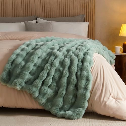 Lotus Karen Faux Fur Throw Blanket Sage Green - Big Bubble Rabbit Fluff Blanket for Couch Bed Sofa,Softest Fluffy Fuzzy Cozy Blanket,Plush Thick Furry Shaggy Warm Blankets for Women,90x90 Inches - Image 6