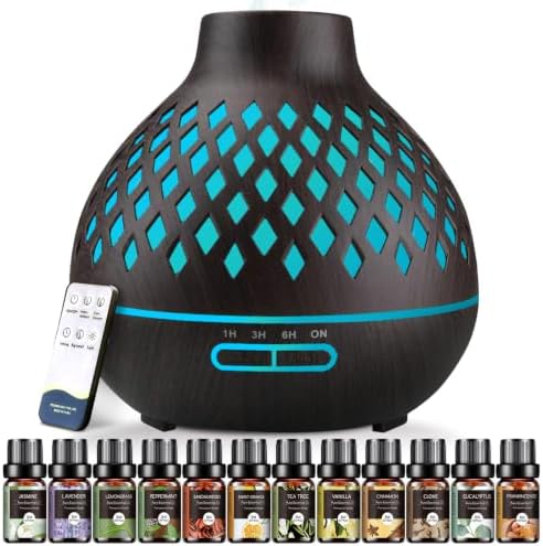 Aeshory Aromatherapy Diffuser & 12 Essential Oils Set, 550ML Aromatherapy Diffuser for Home, Ultrasonic Cool Mist Humidifier with Remote Control 4 Timer 7 Color LED Light, Waterless Auto Off, Dark by AeshoryLiveLikePoetry