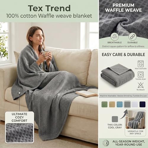 Tex Trend 100% Cotton Waffle Weave Blanket King Size - Soft, Breathable Cooling Blanket for Bed, Lightweight Cozy Summer & Spring Bedding, Light Grey, 90x108 - Image 4
