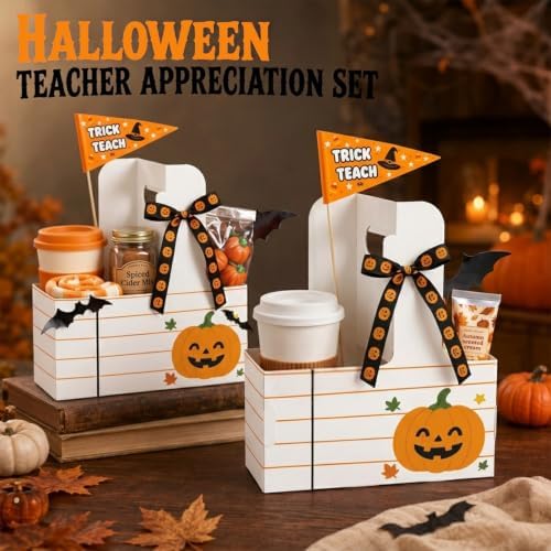 24 Set Halloween Teacher Gifts Drink Carrier Kit, Pumpkin Teacher Boo Basket Gifts, Disposable Cardboard Cup Holders with Handle, Ribbon and Gift Flags, Halloween Appreciation Gifts for Teachers - Image 7
