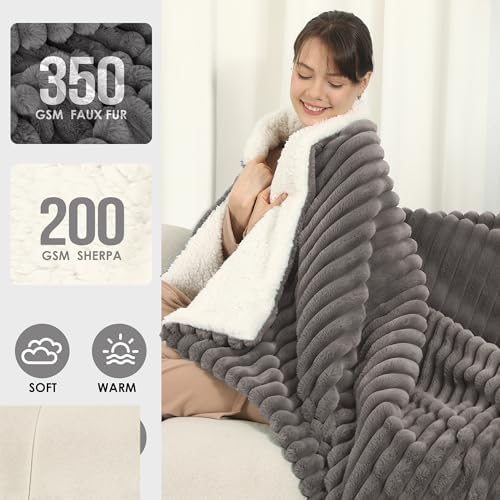 Electric Blanket Throw Size 50x60 Inches, Extra Thick 350GSM Luxury Faux Fur Plus 200GSM Sherpa with 3D Strip Design, Fast Heating with ETL Certified, Machine Washable, Gray - Image 3