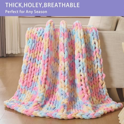 Bigacogo Chunky Knit Throw Blanket for Couch, 40x40 inches, Pink Blue Mix - Image 4