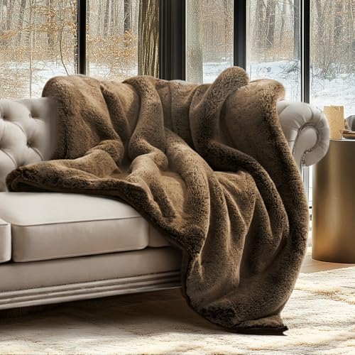 EVERGRACEHOME Faux Chinchilla Fur Throw Blanket, 50"x60", Brown Sable by EVERGRACE