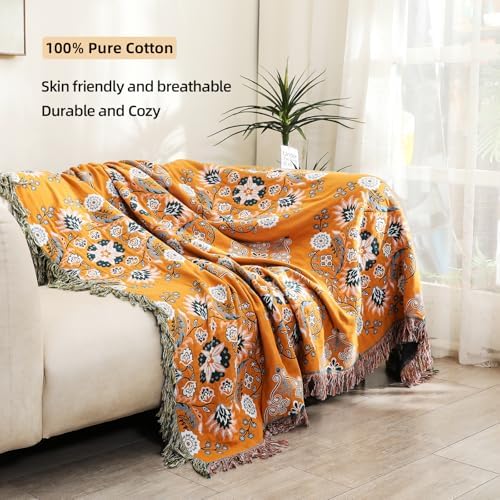 VANJOROY Boho Throw Blanket, 100% Cotton Soft Sofa Bed Throw-Floral Farmhouse Decor Blanket, Reversible Bohemian Throw for Chair Couch Quilt and Gift, 60" x 80"-Yellow - Image 3
