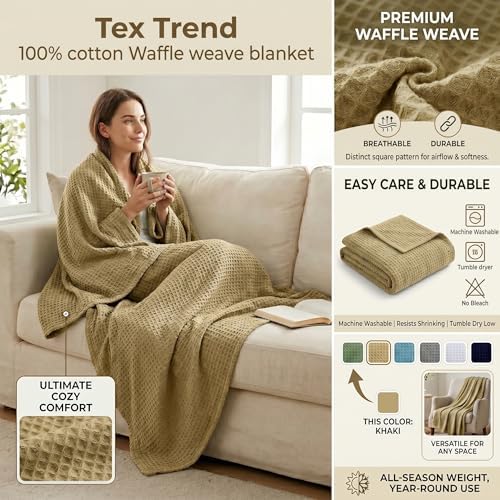 Tex Trend 100% Cotton Waffle Weave Blanket Queen Size - Soft, Breathable Cooling Blanket for Bed, Lightweight Cozy Summer & Spring Bedding, Khakhi, 90x90 - Image 2
