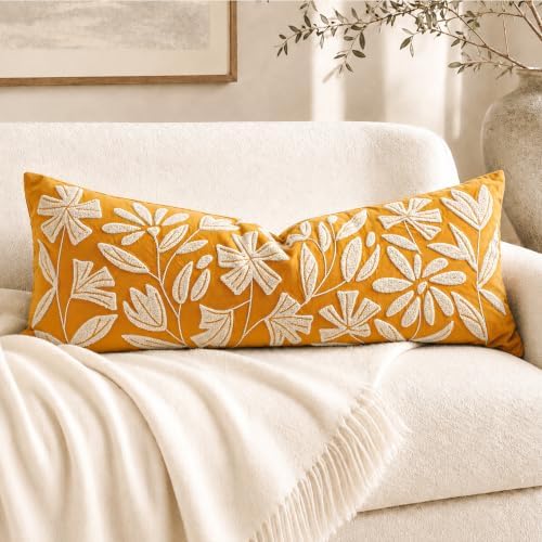 BlissBlush Long Lumbar Pillow Cover 14x36 for Bed, Mustard Floral Tufted Velvet Accent Oversize Throw Pillowcase for Bedroom, Cover Only by BlissBlush