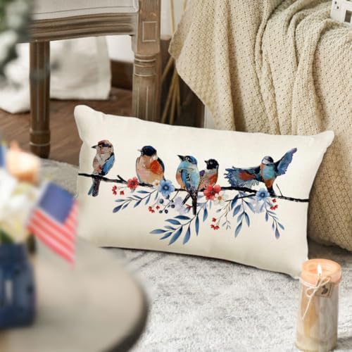 RABUSOFA 4th of July Memorial Day Patriotic Lumbar Throw Pillow Cover,12x20 Inch Red White and Blue Birds Flowers Independence Day American Fourth of July Decoration for Sofa Couch - Image 4