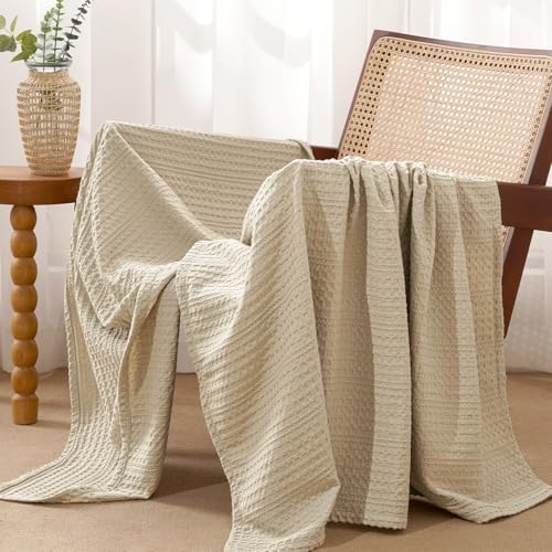 PHF Lightweight Waffle Weave Throw Blanket 50"x 60", Soft Woven Summer Blanket for Hot Sleepers - Aesthetic Home Decor for Couch Bed Sofa, Pet Friendly, Khaki by PHF