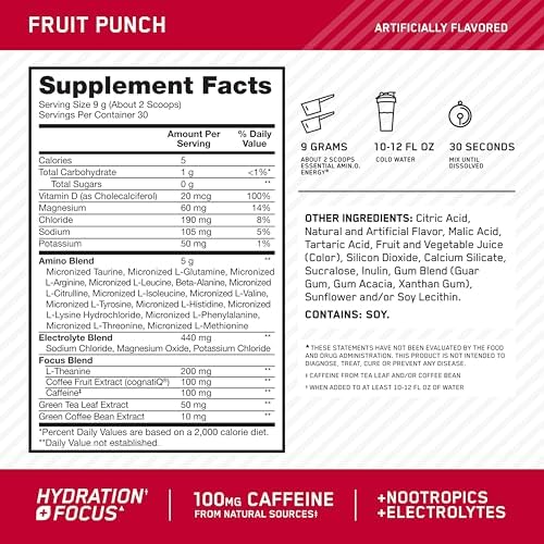Optimum Nutrition Amino Energy Powder Plus Focus, Fruit Punch, 9.5 Oz - Image 2