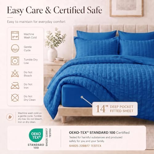 CozyLux King Comforter Set, 7 Pieces Classic Blue Seersucker Bed in a Bag - Image 5