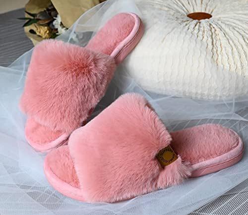 Onmygogo Indoor Slippers for Women Open Toe with Memory Foam, Soft Faux Fur Nonslip House Slippers - Image 7