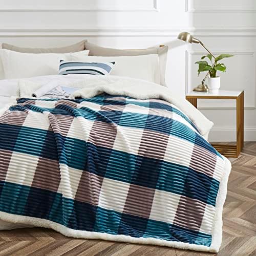 PU MEI Sherpa Blanket Twin Plaid Thick Bed Blanket, 60”*80” Super Soft Flannel Fuzzy Fleece Reversible Velvet Plush Warm Blanket for Couch (Teal Check, 60"*80") - Image 2