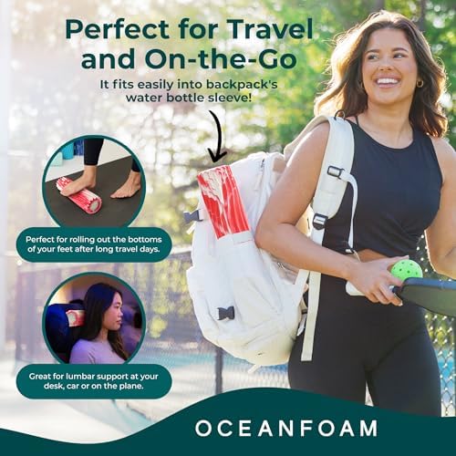 Oceanfoam Ripple Travel Foam Roller (11" x 3.35") Firm Mini Foam Roller for Physical Therapy, Deep Tissue Massage, Back Pain - High Density, Ergonomic Wave Textured - Yoga, Exercise (Red Marbled) - Image 5
