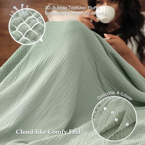 David's Home 100% Natural Cotton Muslin Blanket King Size, 4-Layer Soft Breathable Lightweight Cozy Throw Guaze for Hot Sleepers, 3D Bubble Room Decor for Bed Couch, Giftable, Sage Creen, 108"x90" - Image 3