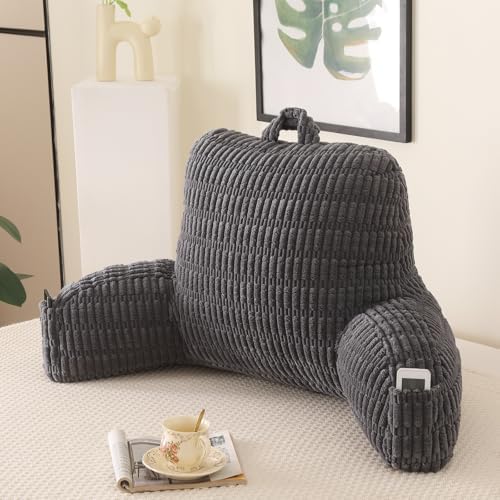 Reading Pillow for Sitting in Bed with Arm,Gray Corduroy,M by PAJEO