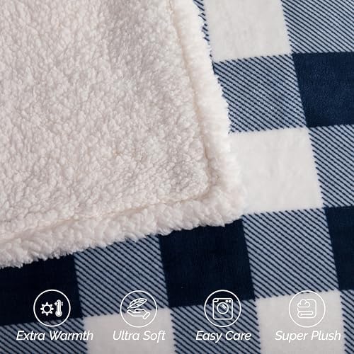 Elegant Comfort Ultra Soft Reversible Buffalo Plaid Flannel Sherpa Blanket - Cozy Silky Checkered Fleece Throw for Couch, Bed - Plush Fuzzy Warm Winter Blanket for Gift, King, Navy - Image 6